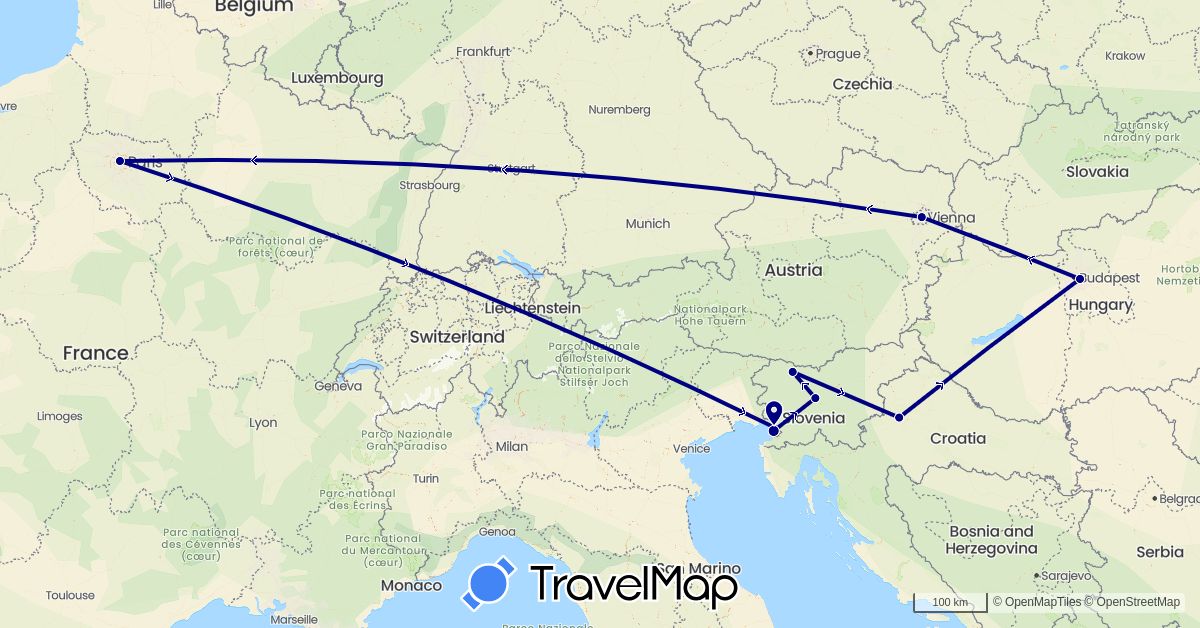 TravelMap itinerary: driving in Austria, France, Croatia, Hungary, Italy, Slovenia (Europe)