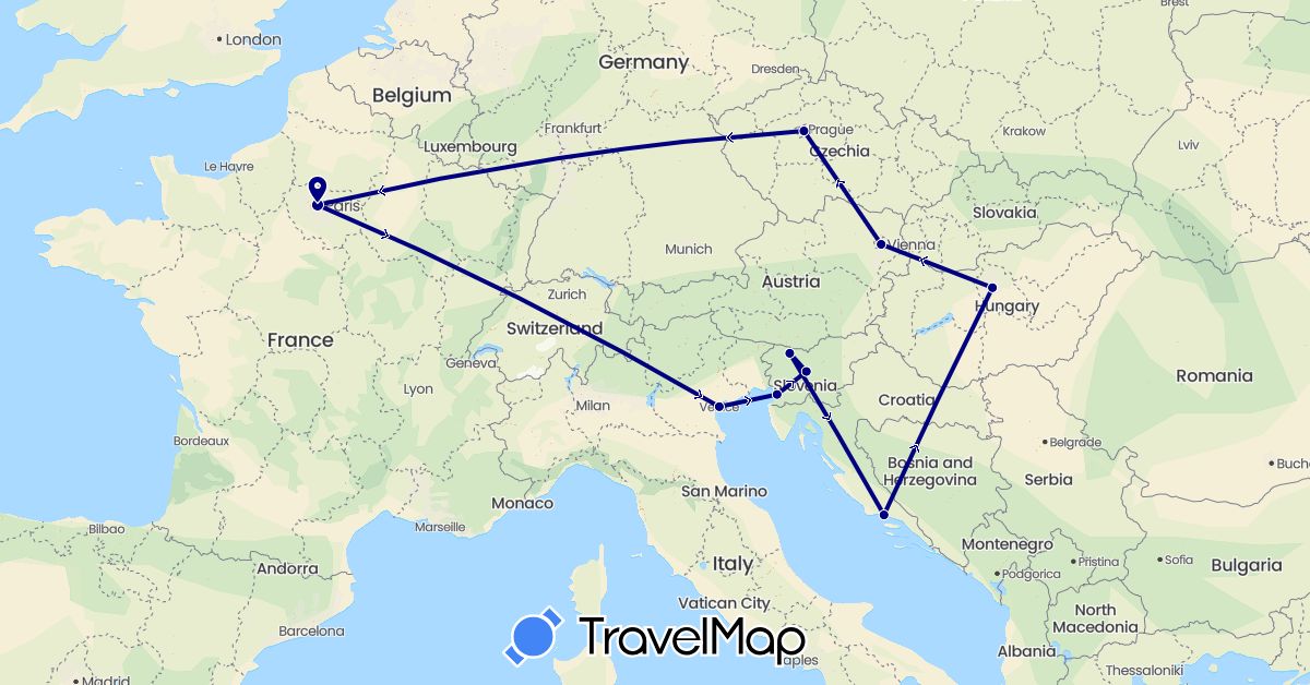 TravelMap itinerary: driving in Austria, Czech Republic, France, Croatia, Hungary, Italy, Slovenia (Europe)